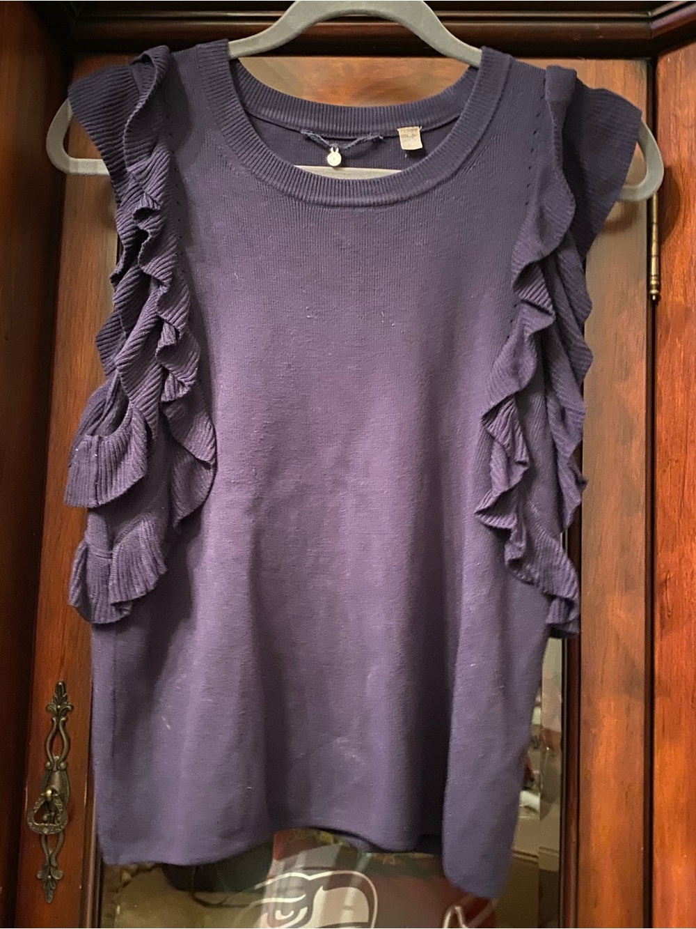 Anthropologie Knitted & Knotted CONSTANCE Navy Blue Ruffle Sleeve Knit Top sz M